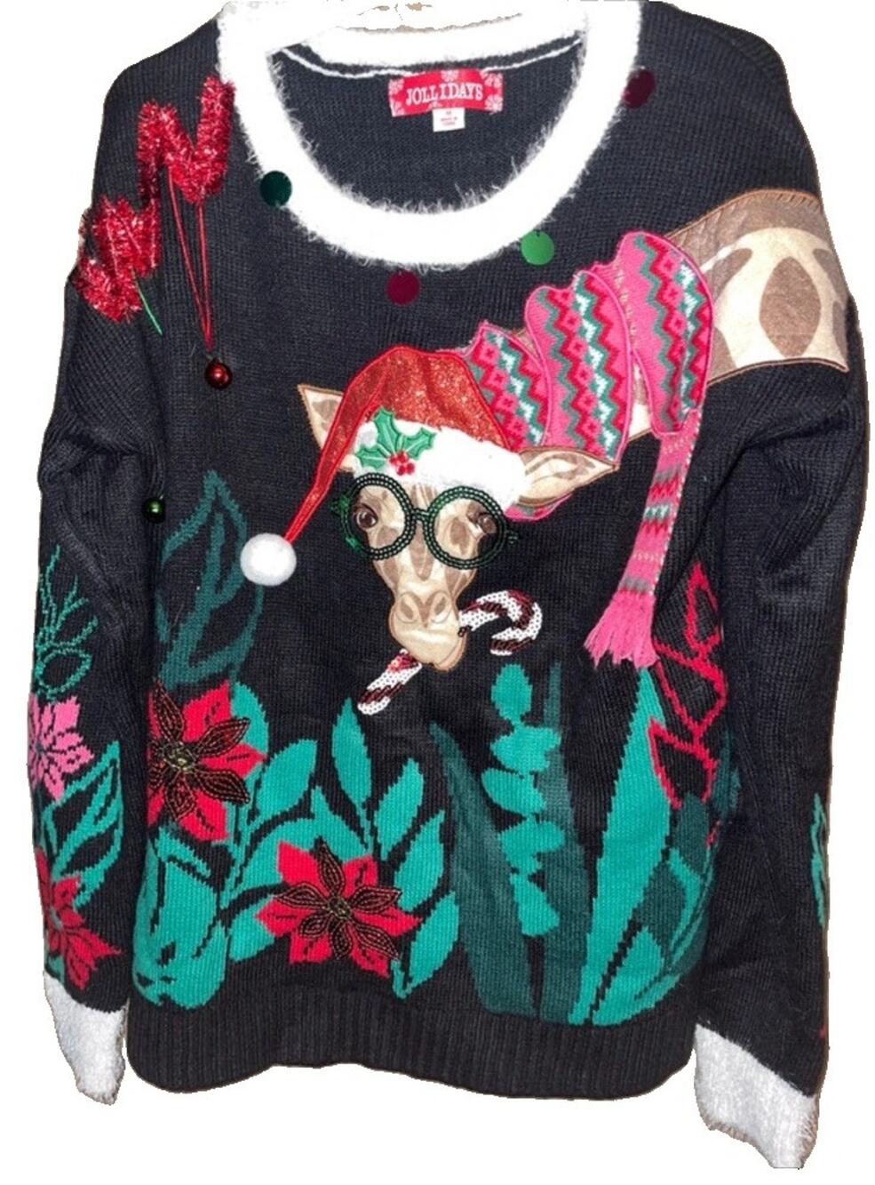 Jollidays Giraffee Candy Cane Ugly Christmas Sweater sz M Bulbs Garland Scarf